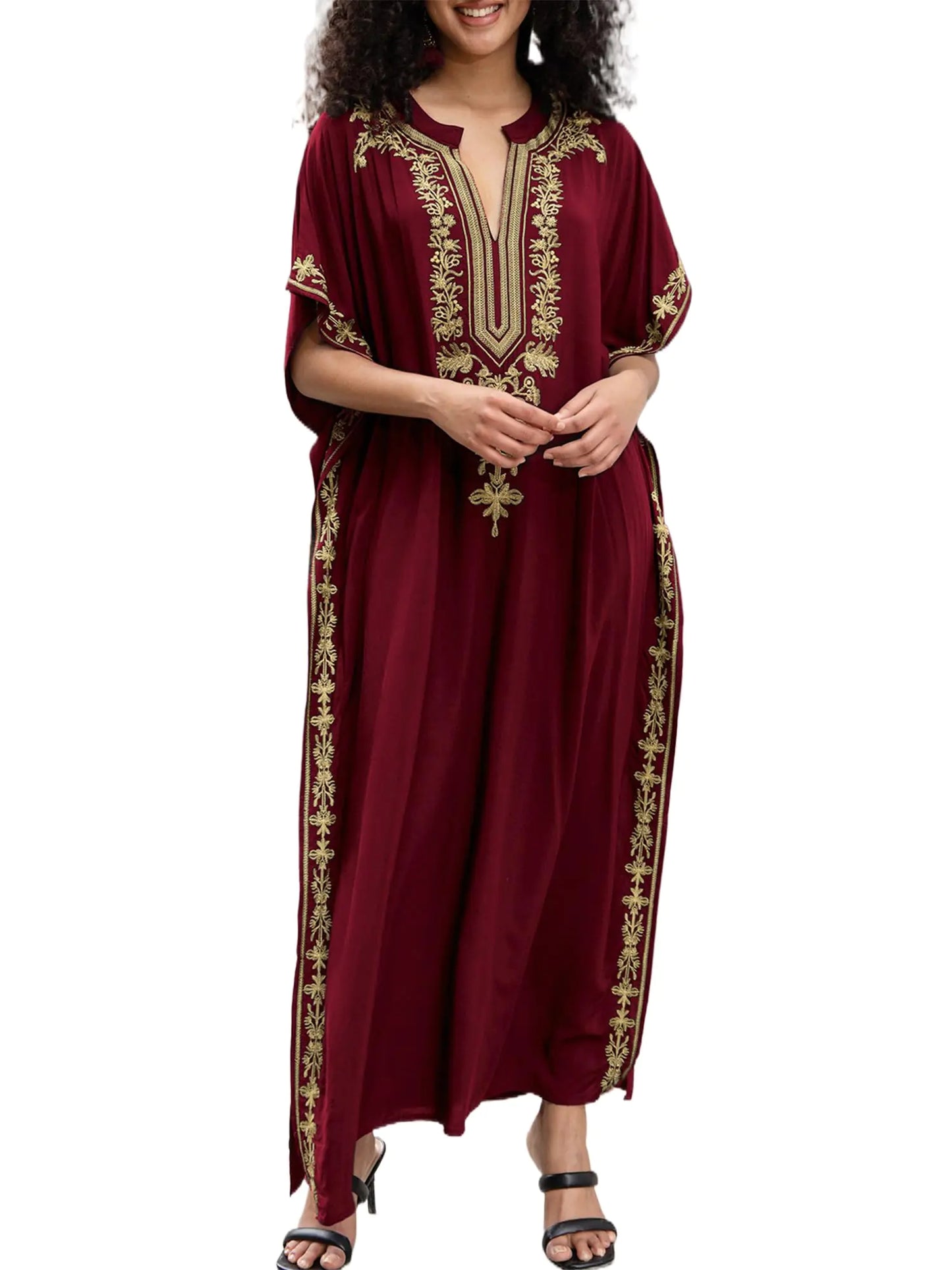 Women Embroidery Golden V Neck Arabic Dubai Kaftan Casual Beach Wear Cover Up Side Split Long Dress Red