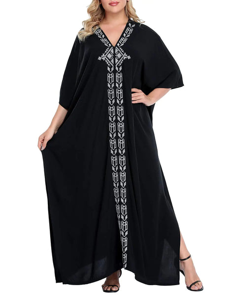 HDE Women UPF 30+ Kaftan Dress Oversize V Neck Long Plus Size Maxi Swim Cover Up Black