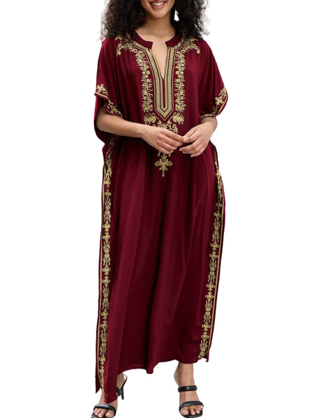 Women Embroidery Golden V Neck Arabic Dubai Kaftan Casual Beach Wear Cover Up Side Split Long Dress Red