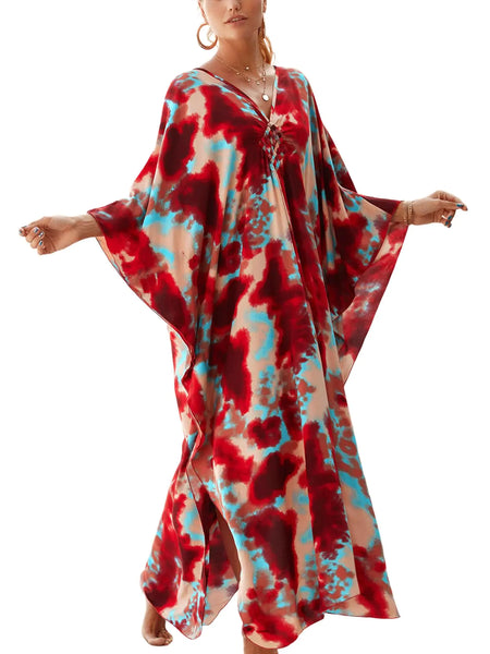 IMAGEKOPE Womens Plus Size Animal Print V-Neck Batwing Kaftan Beach Dress Bathing Suit Cover-Up Loungewear