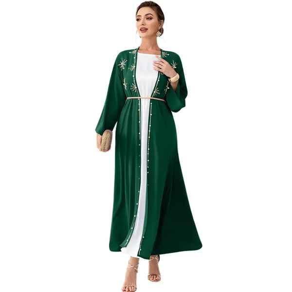 Abaya Dress for Women Muslim Open Front Cardigan Rhinestones Robe Arabs Kaftan Long Sleeve Maxi Belt Dress Party Dress Muslim Clothes For Women Traditional Arabic Cardigan Dark Green Cardigan S