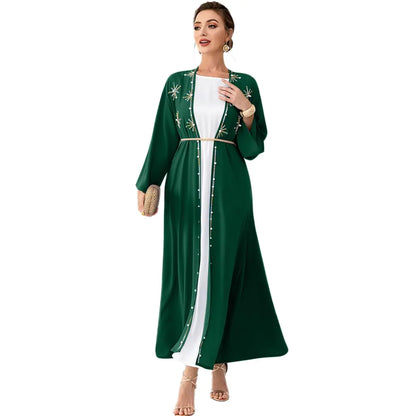 Abaya Dress for Women Muslim Open Front Cardigan Rhinestones Robe Arabs Kaftan Long Sleeve Maxi Belt Dress Party Dress Muslim Clothes For Women Traditional Arabic Cardigan Dark Green Cardigan S