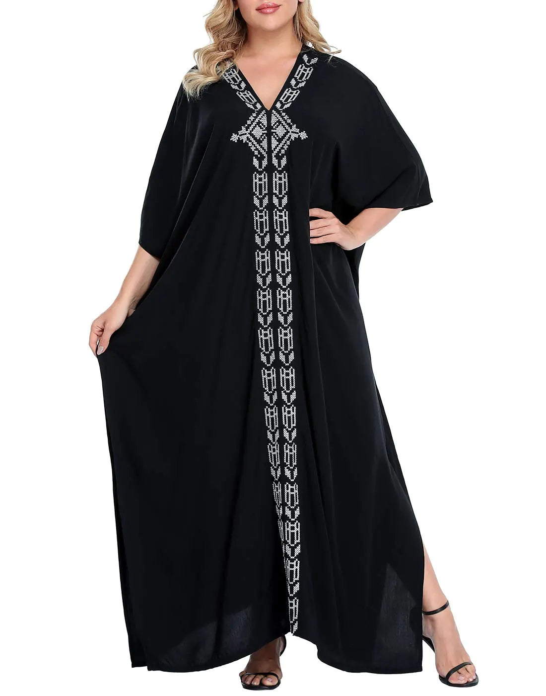 HDE Women UPF 30+ Kaftan Dress Oversize V Neck Long Plus Size Maxi Swim Cover Up Black